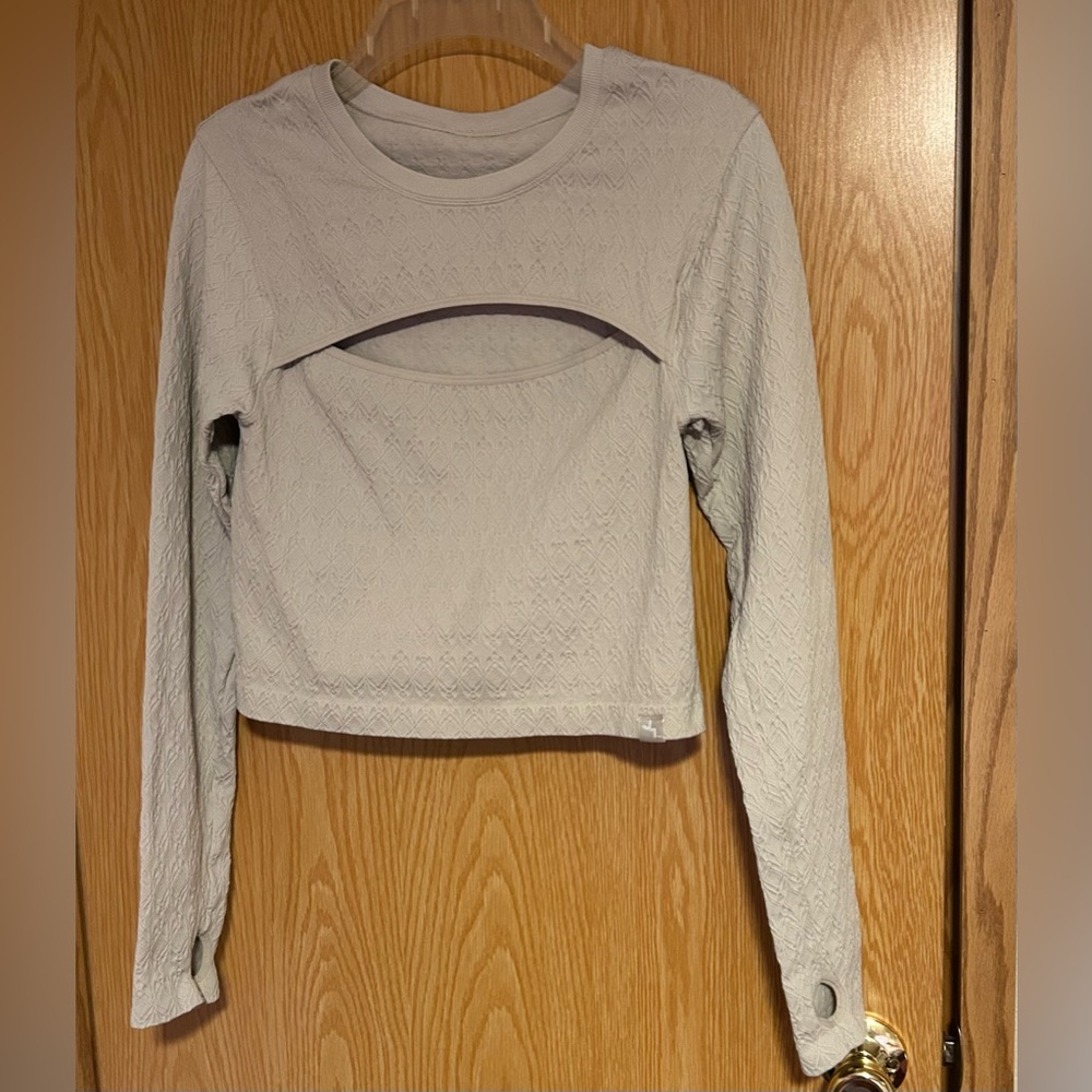 Textured Cream Long Sleeve Thumb hole Cleavage Reveal Embossed Texture Crop Top
